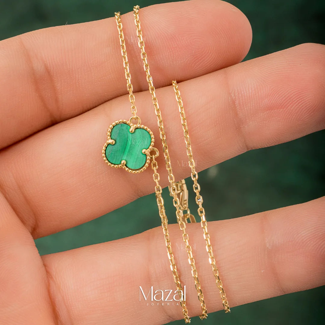 CADENA MINI ROLON + TREBOL VERDE EN ORO AMARILLO 18K / 4.10 Gr / 50 Cm