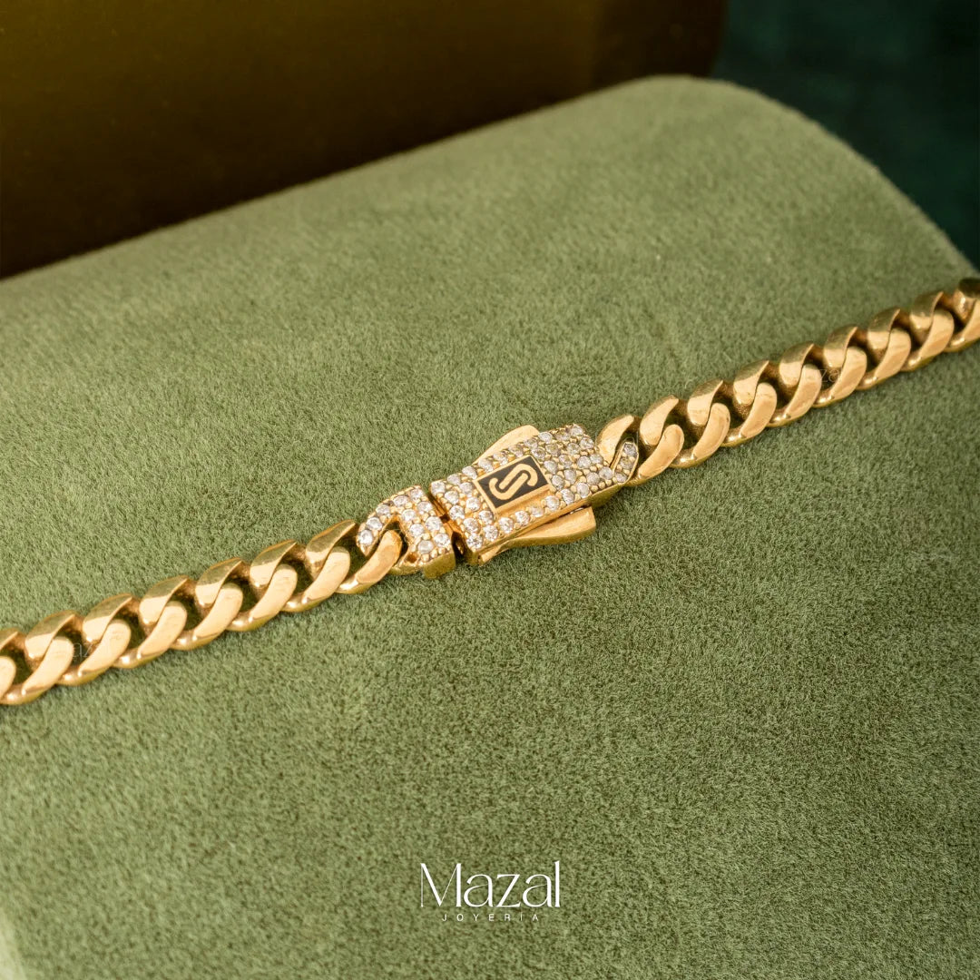 PULSO CUBANO BROCHE CIRCÓN ORO AMARILLO 18K / 8.95 Gr / 22 Cm