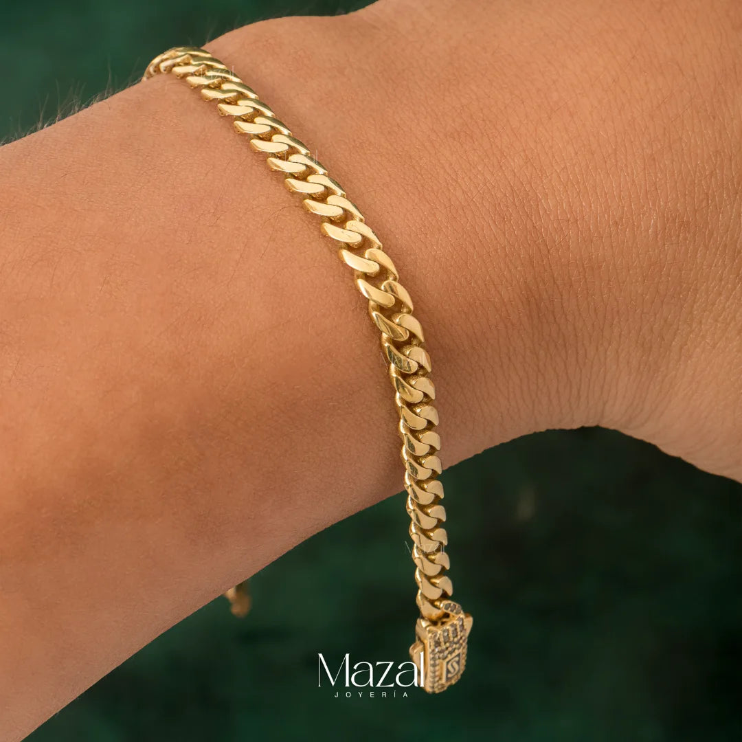 PULSO CUBANO BROCHE CIRCÓN ORO AMARILLO 18K / 8.95 Gr / 22 Cm